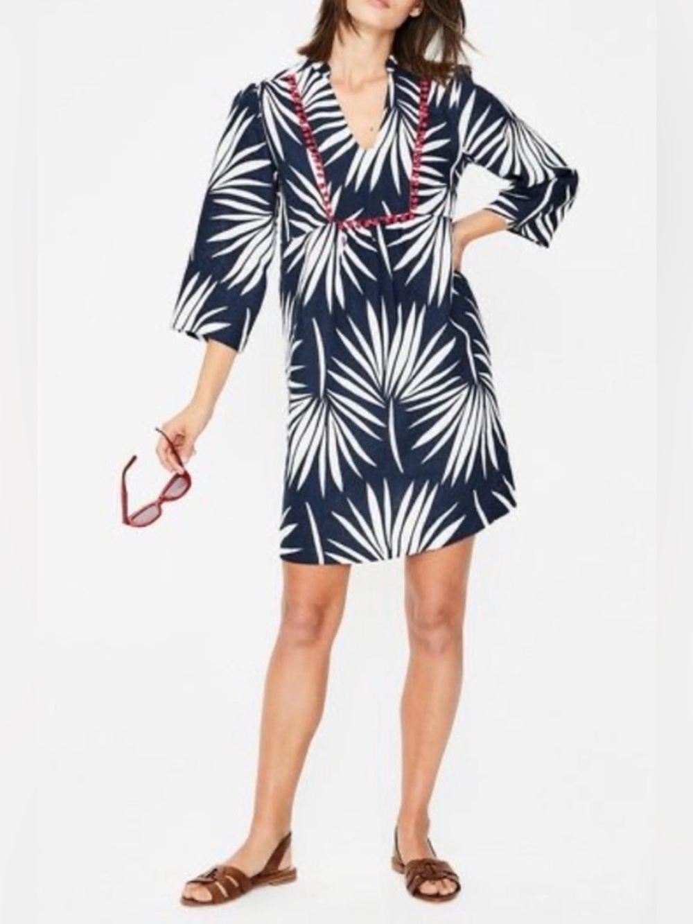 BODEN Linen Tunic Mini Dress Evangeline Navy White Palm Floral US 14 UK 18 Large